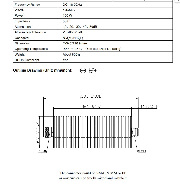18G 100W N-JK/DIN-JK RF Coax Attenuator 1-60dB