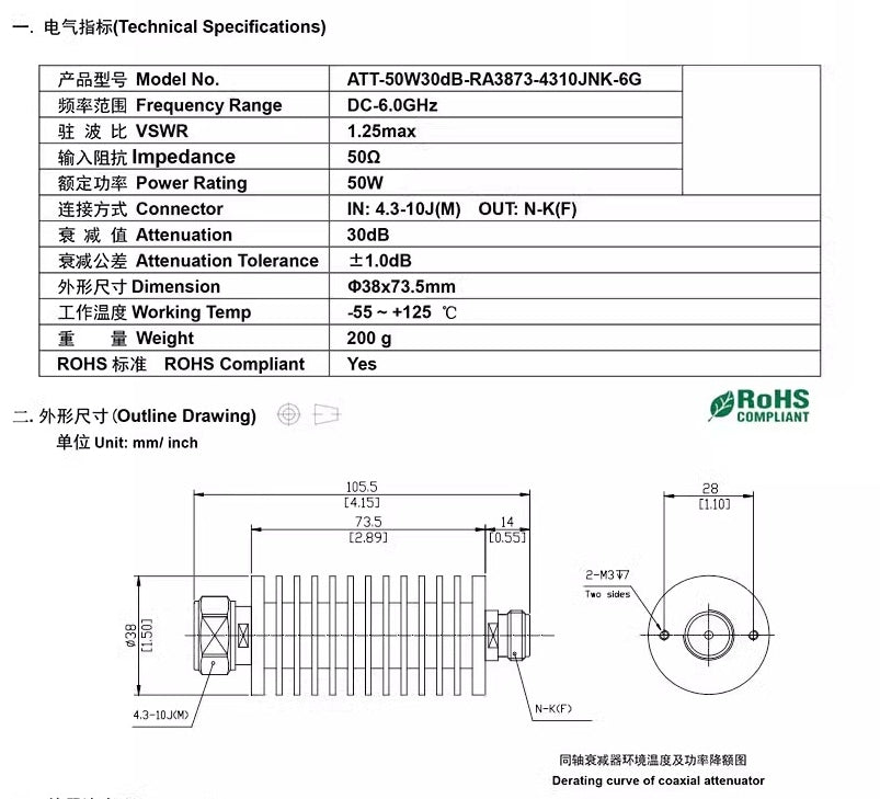 6G/8G 50W N/SMA 50 ohm fixed rf attenuator 1-60dB