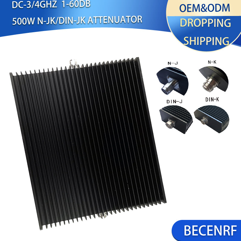High Power 500W N-JK/DIN-JK  RF Fixed Attenuator DC-3/4GHz 1-60dB